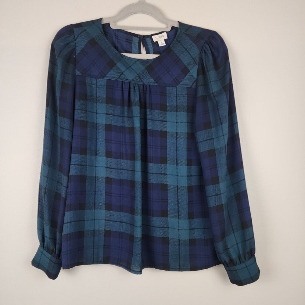 J.Crew Factory Women Plaid Long Sleeve Blouse Size S Blue Green Polyester